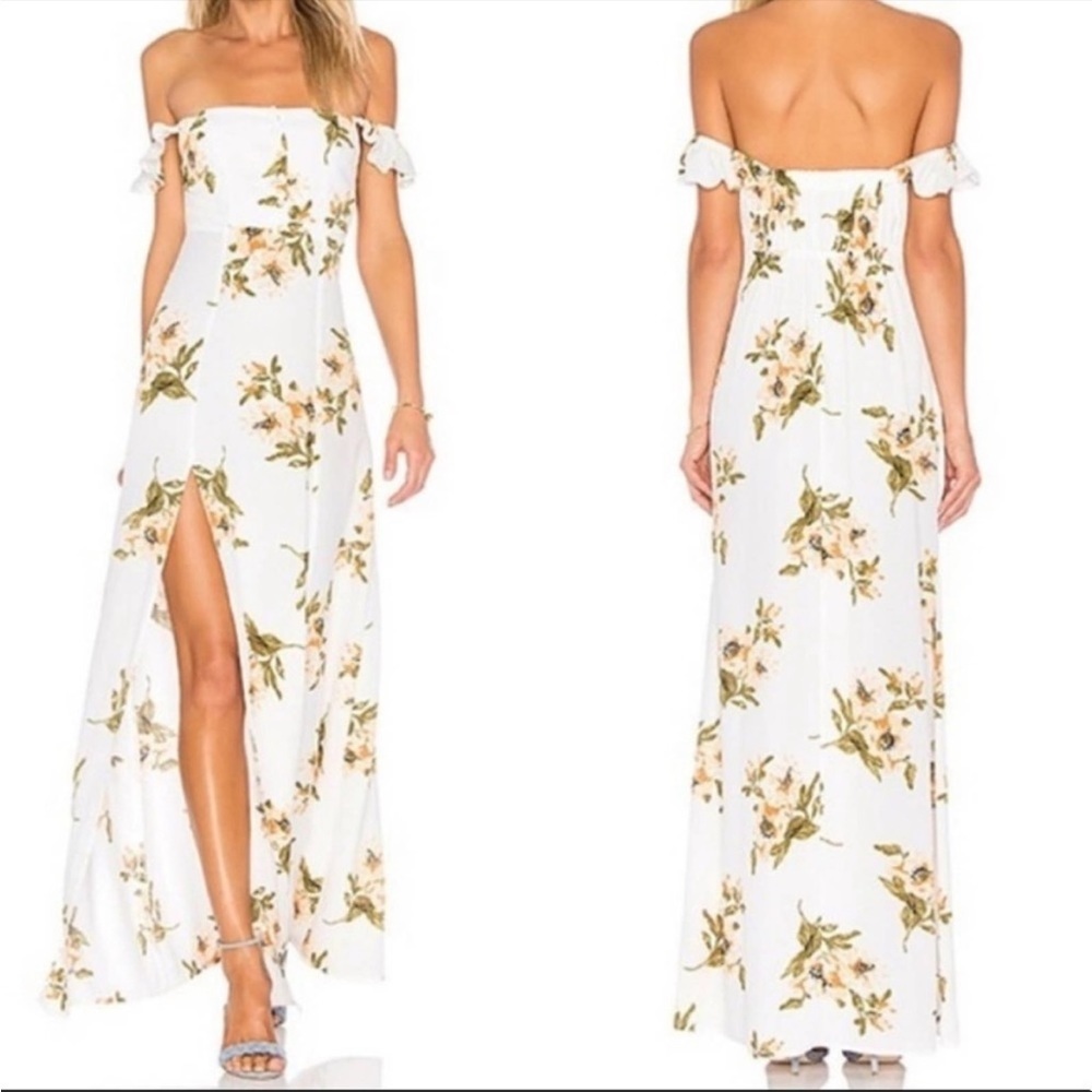FLYNNE  sky yellow floral off shoulder slit open maxi dress